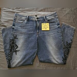Women's Blue Jeans with Black Floral Embroidery